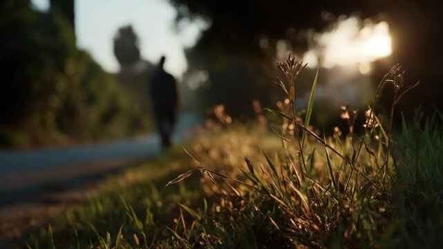 Silhouette of a person walking on a path during a beautiful sunset