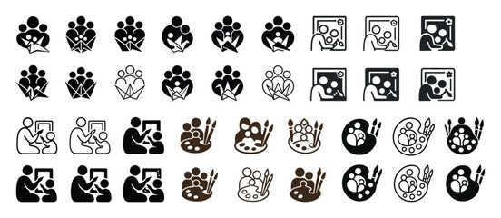 Diverse family and art icons in monochrome and brown variations