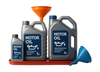 Oil change station featuring labeled containers and funnel accessories.