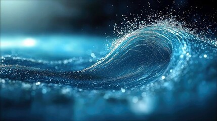 A dynamic close-up of a powerful ocean wave cresting and breaking, with water droplets and foam scattering in a dark, moody environment. The scene is illuminate