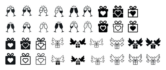Celebration icons: glasses, gifts, hearts, wings and doves in black and white