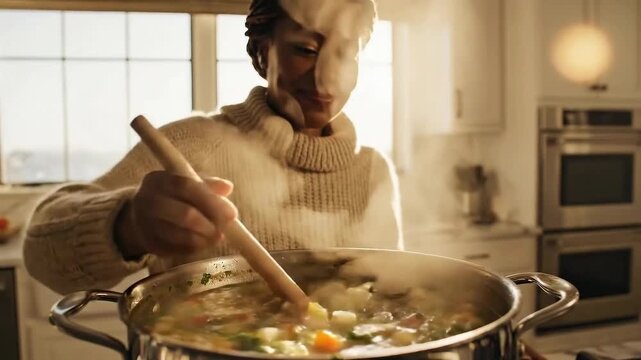 Joyful Woman Stirs Homemade Vegetable Soup in a Cozy Kitchen