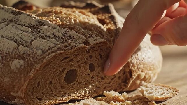 Hand breaks fresh baked artisan bread crust revealing delicious texture