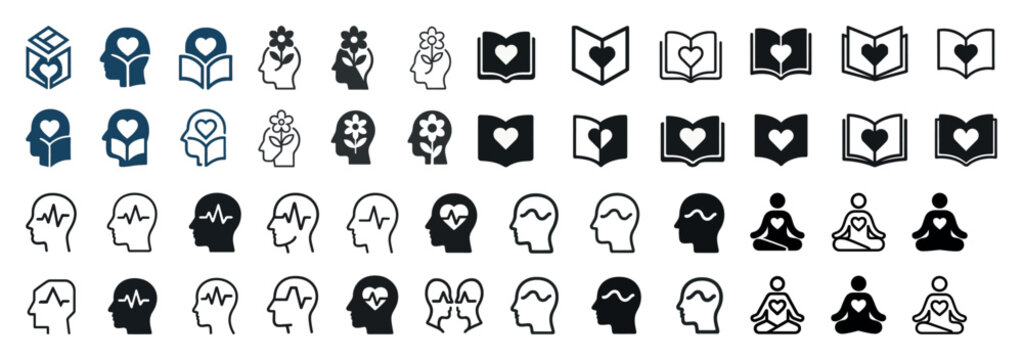 Mindfulness and wellness icons featuring meditation, reading, and heart designs