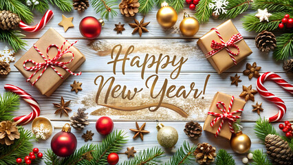 Festive Happy New Year greeting with gifts and decorations for seasonal promotions and holiday marketing