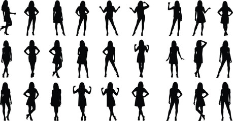 Large collection of twenty-seven female silhouettes, women standing in various fashion poses, girl figures in dresses, isolated vector set.