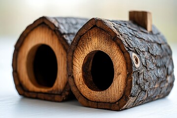Rustic Wooden Birdhouses with Bark Roof and Hole Entrance on White Surface