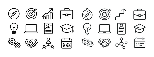 Business and education icons: compass, briefcase, graduation cap, laptop, light bulb