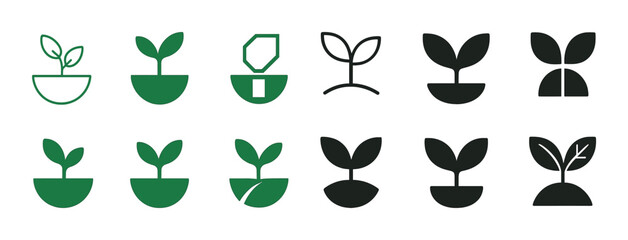Fototapeta premium Variety of plant sprout icons in green and black styles
