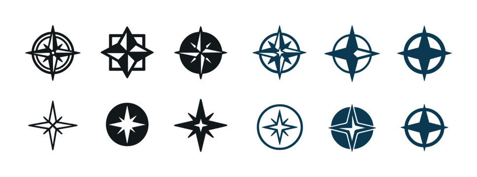 Set of twelve black and blue compass icons in various styles