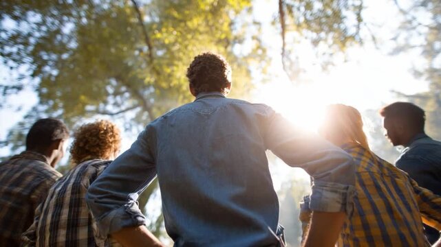 Journey into the Sun: A group of friends stands together, silhouetted against a radiant sunburst, embarking on a shared adventure, symbolizing unity and hope