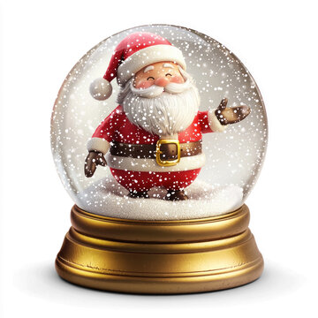 A snow globe with a smiling Santa Claus inside, surrounded by snowflakes and a golden base.