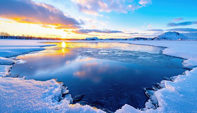 A frozen lake with patches of open water reflects the vibrant colors of a sunrise over a snow-covered landscape and distant mountains.
