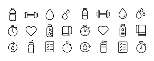 Fitness icons: hydration, exercise, time, health, and wellness symbols