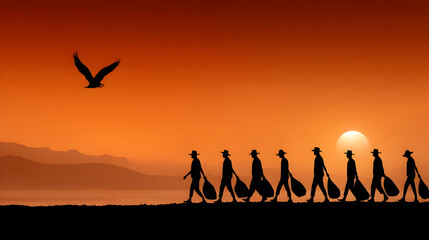 Striking sunset silhouette of travelers walking the shoreline with bags as a bird soars against the dramatic orange sky, perfect for travel themes