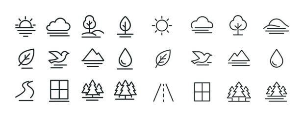 Minimalist nature icons: sun, cloud, tree, leaf, bird, mountain, water, road, window, forest