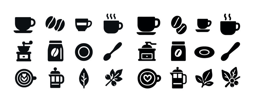 Coffee icon collection: cups, beans, grinders, leaves, mugs, and more