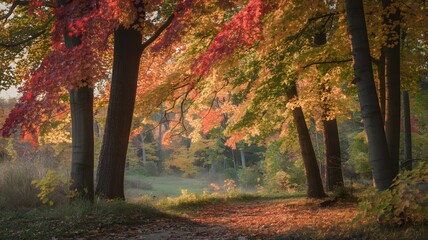Capturing the Vibrant Hues of Autumn Foliage in a Sun-Dappled Forest Path Bathed in Golden Hour Light Creating a Mesmerizing Landscape Scene