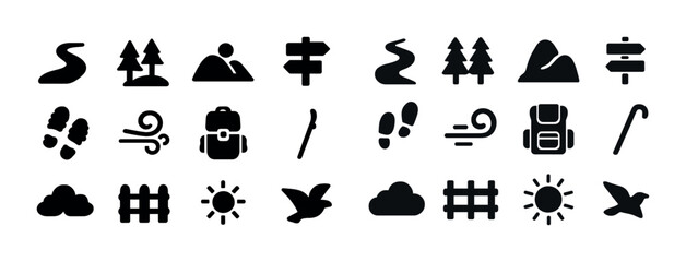 Set of hiking and nature icons: trails, trees, mountains, signs, footprints, backpack, sun