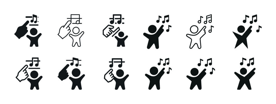 Music learning icons set: child figures reading and playing notes