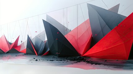 A striking abstract sculpture composed of sharp, angular geometric shapes in red and dark gray, set against a minimalist, bright background with delicate wire e
