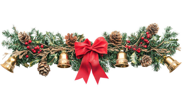 A festive Christmas garland with pine cones, berries, and bells on a white background.