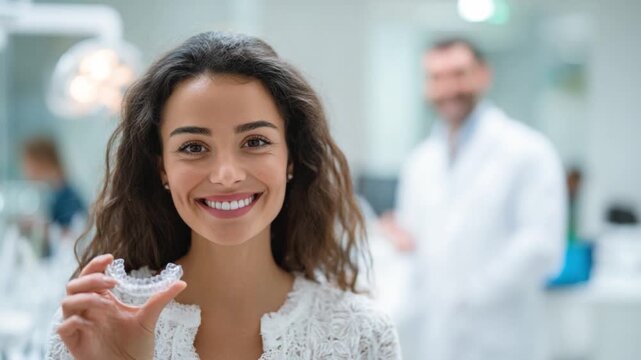 Confident Smile: A radiant patient displays a clear aligner, symbolising the journey to a brighter, healthier smile, with a caring dental professional in the backdrop.