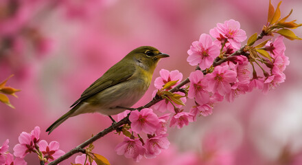 Tiny olive green bird gracefully perching on a delicate branch amidst vibrant pink cherry blossoms bathed in soft spring light. AI Generated