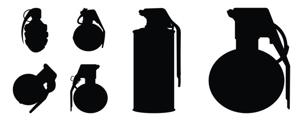 Simple grenade silhouette icon set in solid black shapes. Useful for military, warning, and graphic design use.
