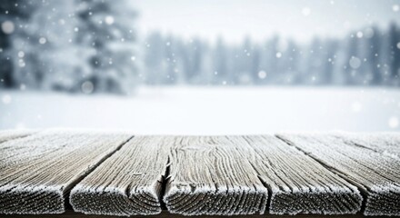A wooden table covered in snow with a snowy landscape in the background.