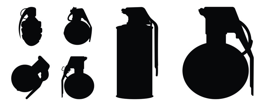 Simple grenade silhouette icon set in solid black shapes. Useful for military, warning, and graphic design use.