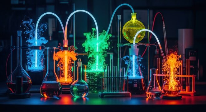 A vibrant array of colorful beakers and flasks in a laboratory setting, emitting a glowing, ethereal glow.