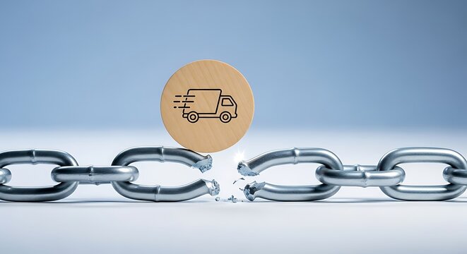 Broken supply chain link with delivery truck icon symbolizing logistics disruption