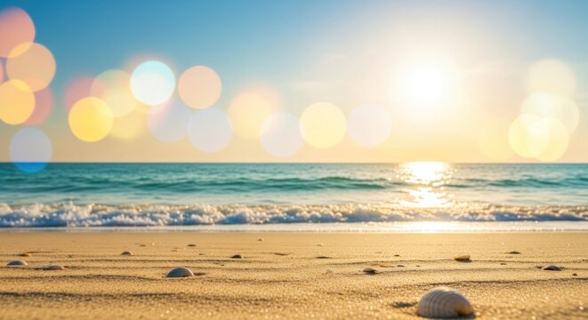 A serene beach scene with a clear blue sky and calm ocean waves.