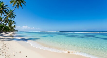 Stunning Tropical Paradise Beach: White Sand, Crystal Clear Turquoise Water, and Lush Palm Trees Under a Bright Blue Sky, Perfect for Vacation and ...