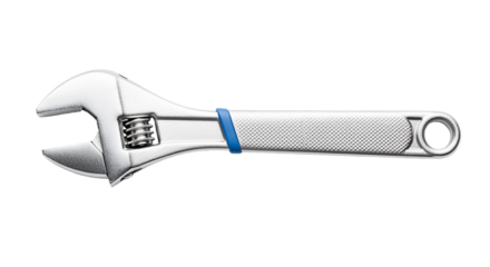 Chrome adjustable wrench with blue accent and textured metal handle