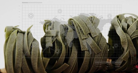 Showing coiled green ribbon pasta nests in row on white tabletop, featuring dotted map overlay © vectorfusionart