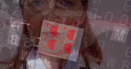 Facing senior woman wearing collared shirt and dark blazer, with dotted map and red bar-chart panel