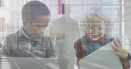Sitting two kids using laptop, tablet at desks, in jacket, pinafore, adult suit, window reflections
