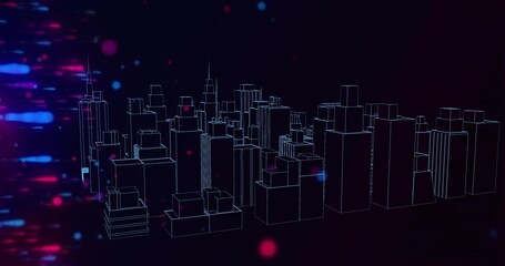 Glowing wireframe city skyline forming in deep purple-black void, with neon streaks and bokeh orbs