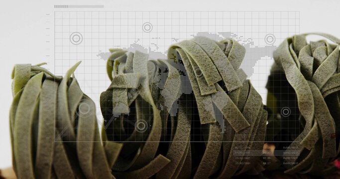 Showing coiled green ribbon pasta nests in row on white tabletop, featuring dotted map overlay