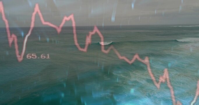 Fototapeta Displaying pink jagged chart tracing decline over ocean waves under gray sky, blue streaks, 65