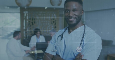 Standing nurse in blue scrubs crossing arms and smiling in clinic with stethoscope, copy space