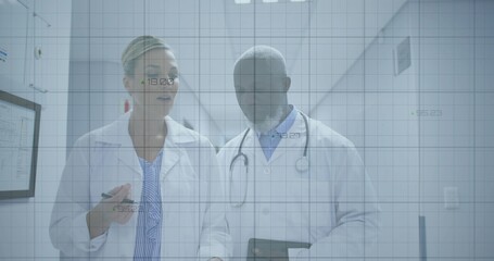 Walking doctors in labcoats using tablet in clinic hall, woman pointing pen, stethoscope, data grid