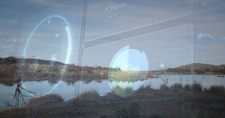 Fototapeta premium Displaying shallow pond and grassy banks reflecting dead tree at remote marsh, with HUD overlay