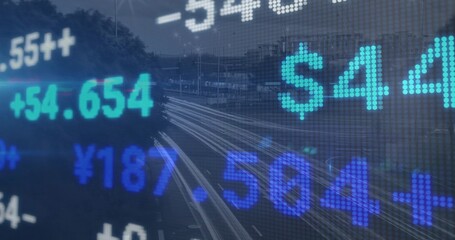 Glowing LED ticker overlaying highway with overpass, showing currency digits and light trails