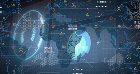 Obraz premium Displaying digital world map focusing on eastern Africa with radar ring, hex-grid nodes on console