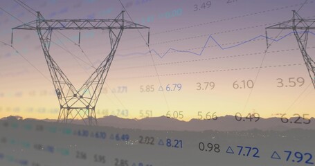 Framing left high-voltage transmission tower against sunset sky, showing data overlay, copy space