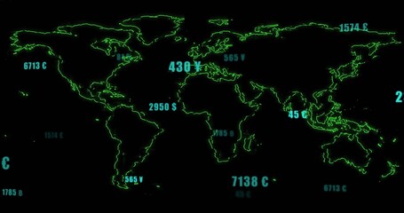 Displaying neon-green world map outline pulsing with cyan labels and currency symbols on dark HUD