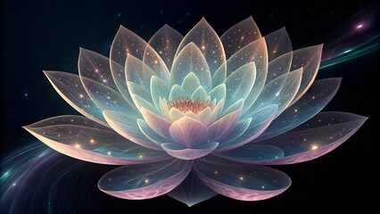 Tranquil lotus flower glows in ethereal light against cosmic backdrop for serenity